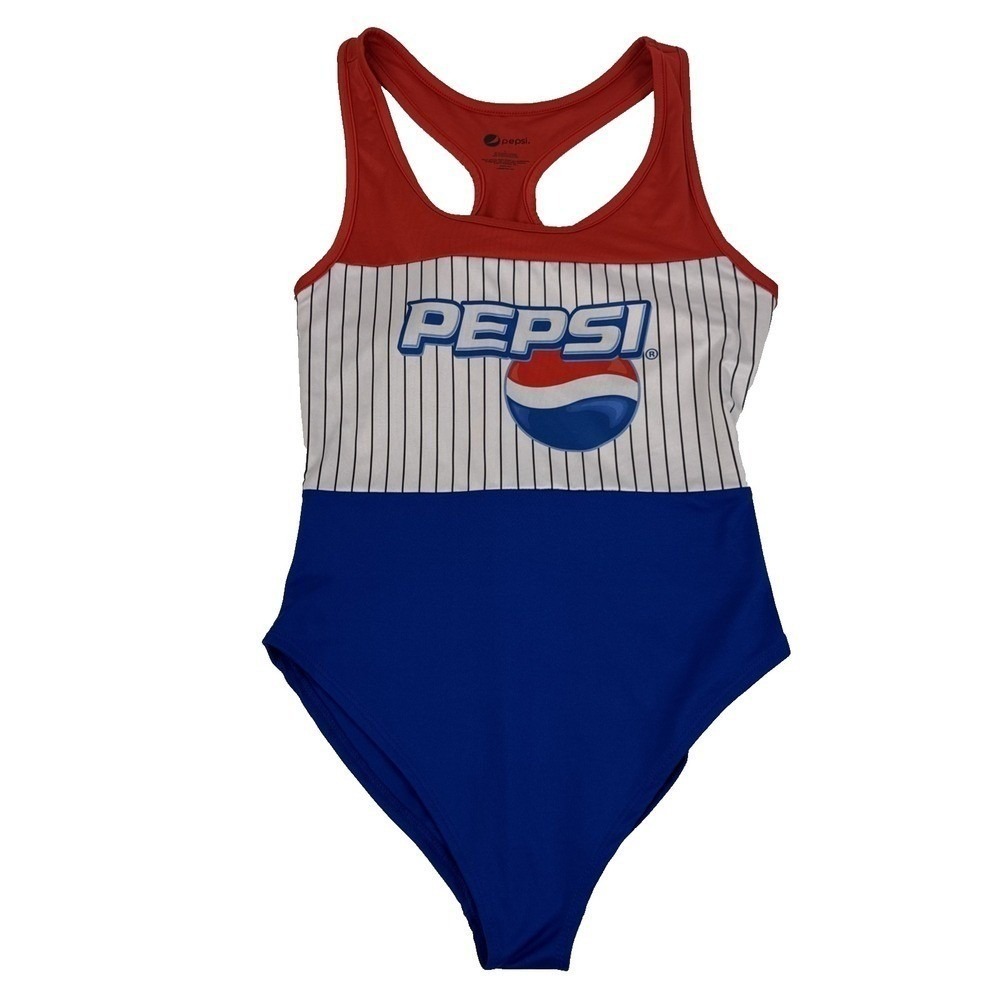 Pepsi One Piece Swimsuit Women Large Blue Red White Pinstripe Racerback Logo - Picture 10 of 11